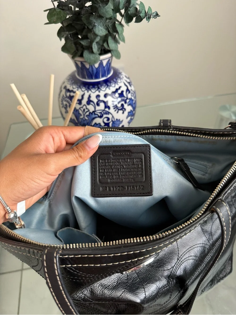 Coach Black Patent Leather Signature Stitched Tote Bag